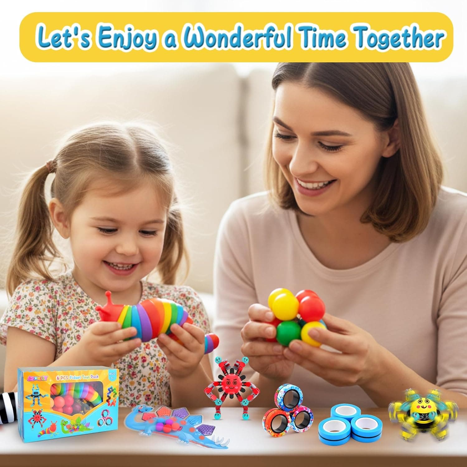 Fidget Toys Pack (6 Pieces) — Slug, Spinner, Magnetic Rings thumbnail 4
