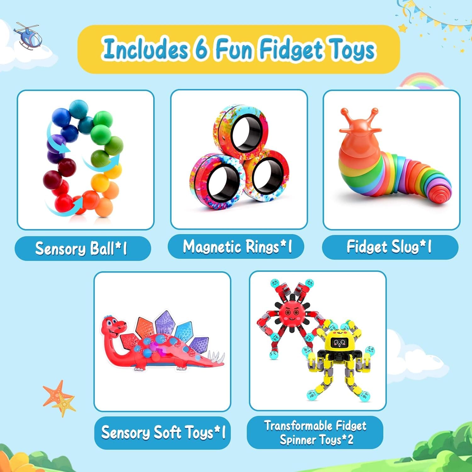 Fidget Toys Pack (6 Pieces) — Slug, Spinner, Magnetic Rings thumbnail 2