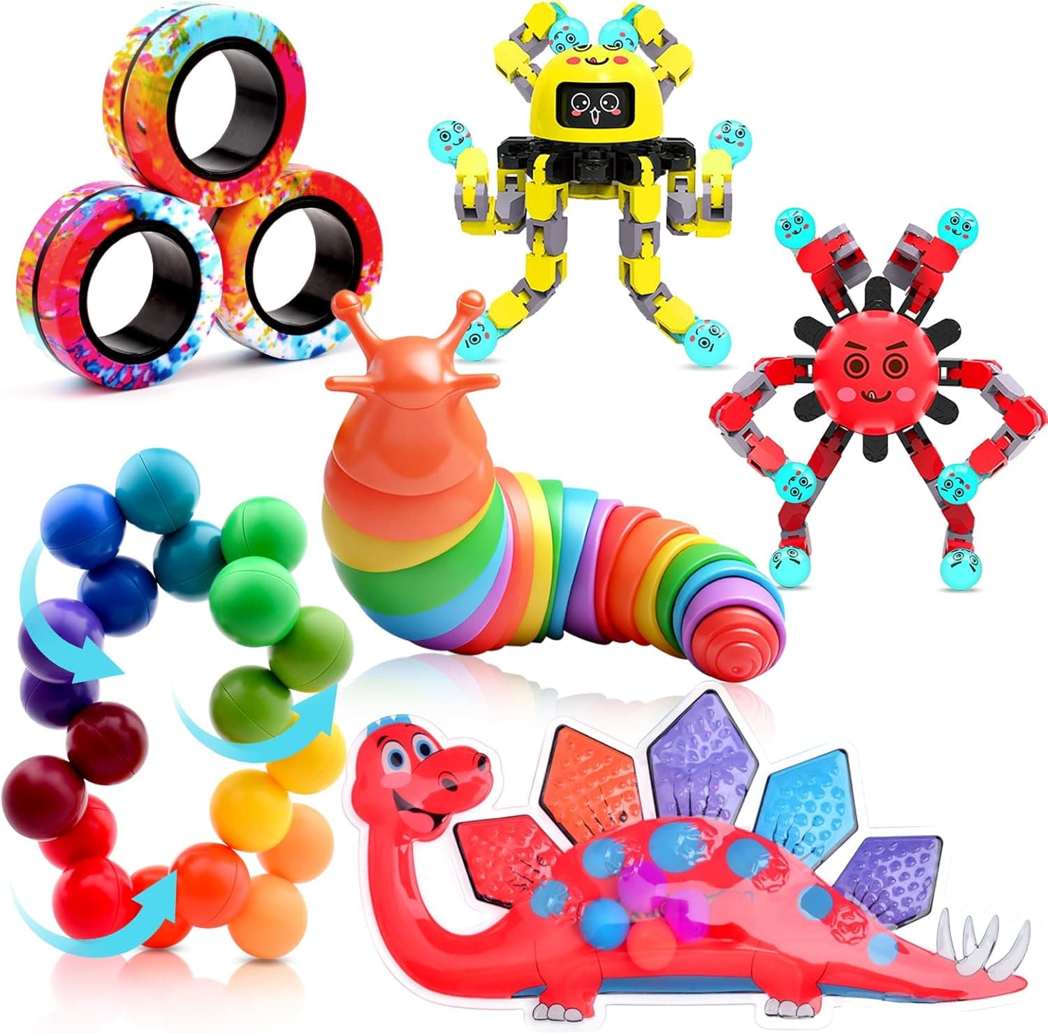 Fidget Toys Pack (6 Pieces) — Slug, Spinner, Magnetic Rings