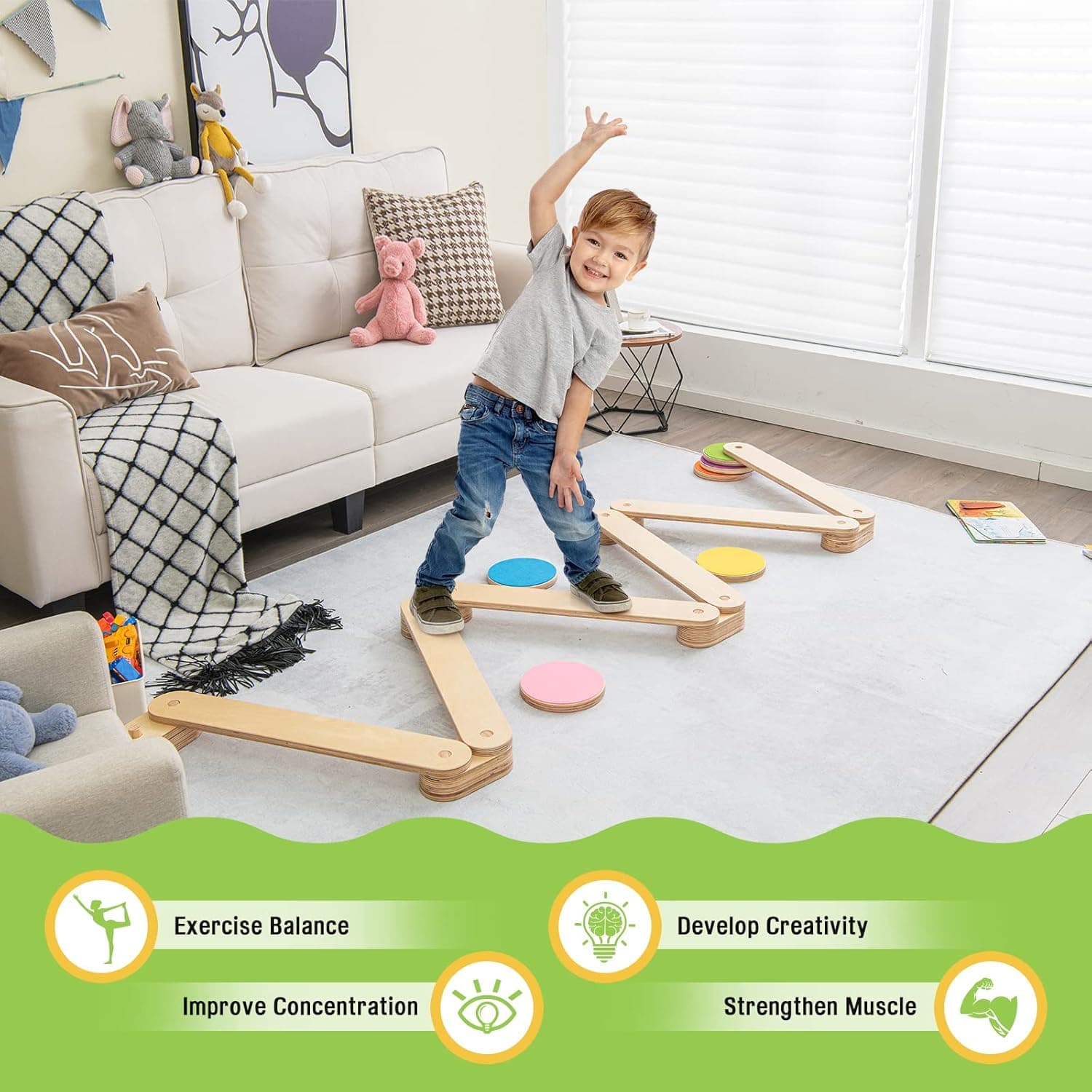 HONEY JOY Wooden Balance Beam & Stepping Stones thumbnail 4