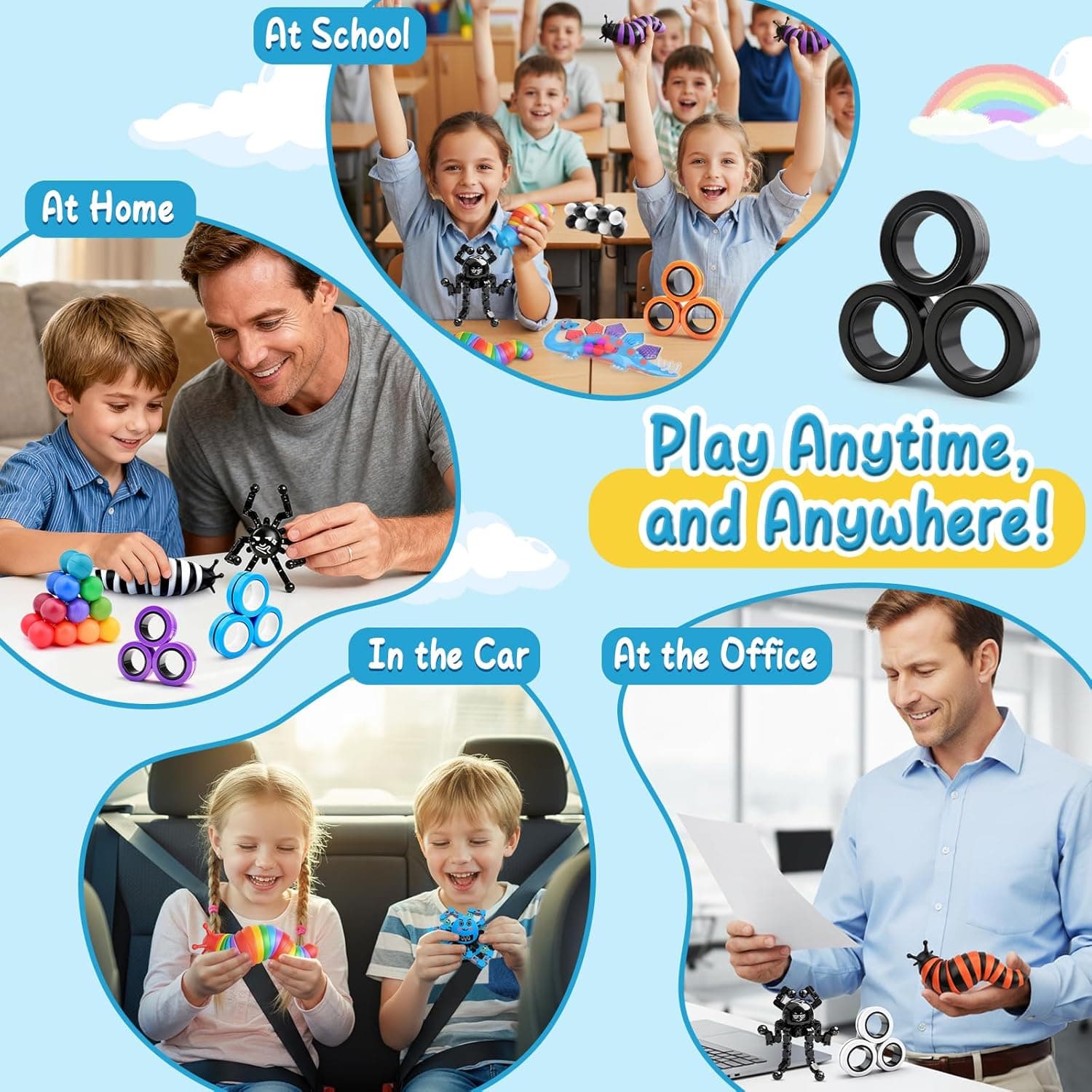 Fidget Toys Pack (6 Pieces) — Slug, Spinner, Magnetic Rings thumbnail 5